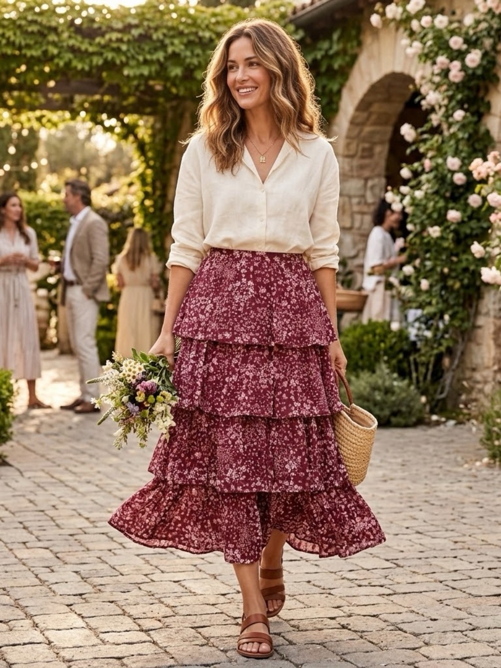 Floral Tiered Maxi Skirt in Berry Floral